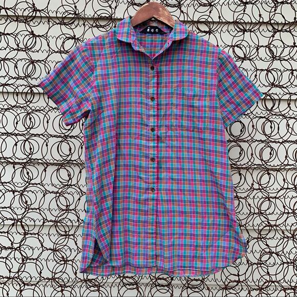 Vintage 70s Gap purple green plaid check button down short sleeve shirt MEDIUM - Picture 1 of 8